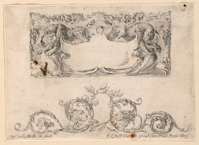 Wapenschild, Rinceaux, nr. 16 uit "Raccolta di varii cappriccii et nove inventioni di cartelle et ornamenti" door Stefano della Bella