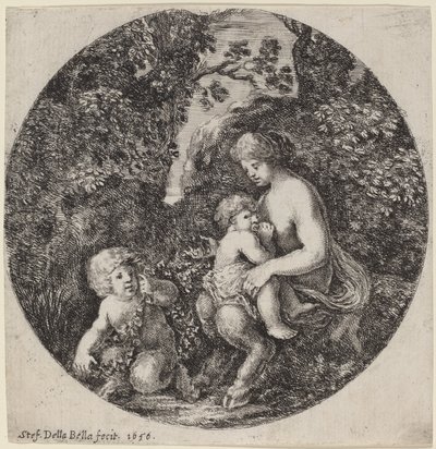 Vrouwelijke sater die een kind voedt in een bosrijk landschap door Stefano della Bella