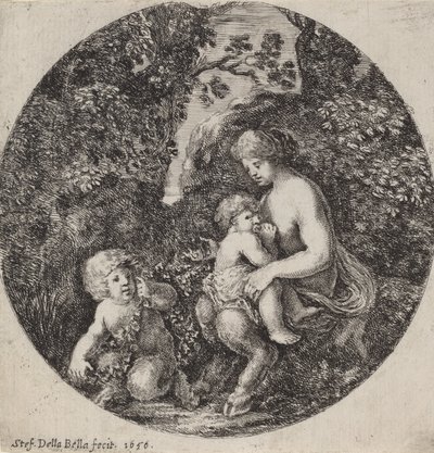 Vrouwelijke sater die een kind voedt in een boslandschap, 1656 door Stefano della Bella