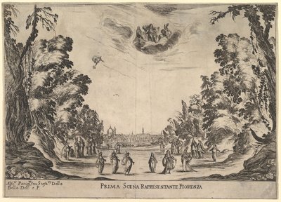 Eerste scène, in Florence, uit Het huwelijk van de goden, 1637 door Stefano della Bella