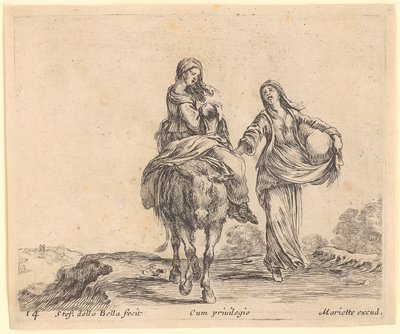 Vrouw met kind op een ezel, vergezeld door een tweede vrouw door Stefano della Bella