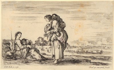 Vrouwen kijken naar de badgasten, blad 2 uit de serie „Verschillende figuren en landen” door Stefano della Bella