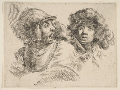 Geschrokken soldaat en een man met een bontmuts, ca. 1652 door Stefano della Bella