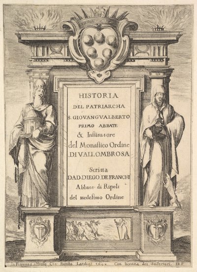 Frontispice: een monument versierd met het Medici-wapen bovenaan in het midden, vlammen door Stefano della Bella