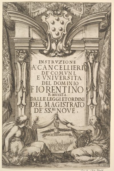Frontispice voor Instructies voor Kanseliers Instruzione a Cancellieri: Medici wapen..., 1635 door Stefano della Bella