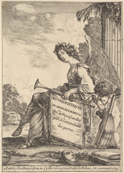 Frontispice voor Gedichten door Desmarets Oeuvres poétiques de Desmarets: een gevleugelde vrouw..., 1641 door Stefano della Bella