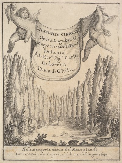 Frontispice voor Het cipressenbos La selva di cipressi: twee putti houden een wandtapijt vast, 1640 door Stefano della Bella