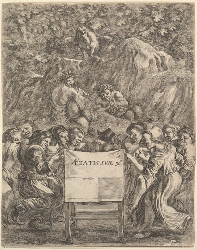Frontispice voor De Werken van Scarron, de dichter zittend in een stoel, 1649 door Stefano della Bella