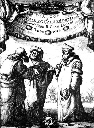 Frontispice van Galileos Dialogo dei Massimi Sistemi door Stefano della Bella