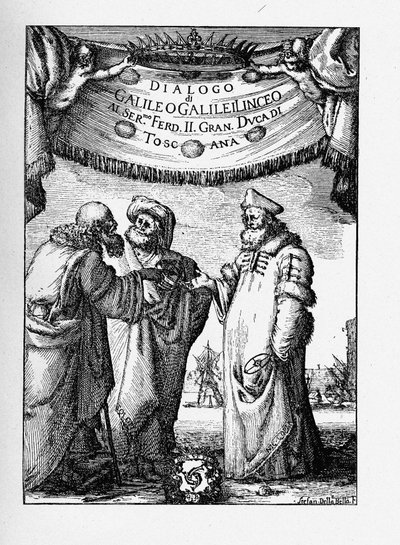 Frontispice van de Dialoog over de Twee Belangrijkste Wereldsystemen door Galileo Galilei, 1632 door Stefano della Bella