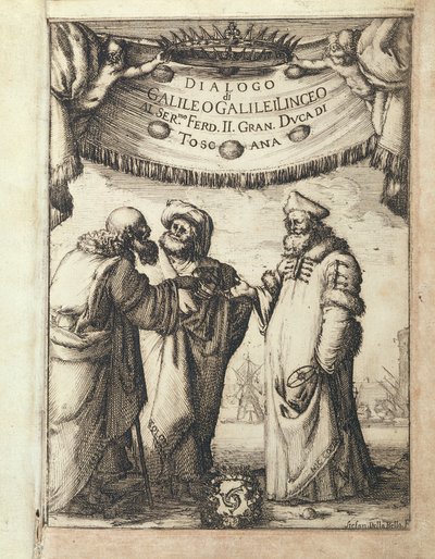 Galileo (links) in gesprek met Ptolemaeus (midden) en Copernicus, geïllustreerd frontispice uit Dialogo sopra i due Massimi Sistemi del Mondo, Tolemaico e Copernicano (Dialoog over de twee belangrijkste wereldsystemen, Ptolemeïsch en Copernicaans) door Stefano della Bella
