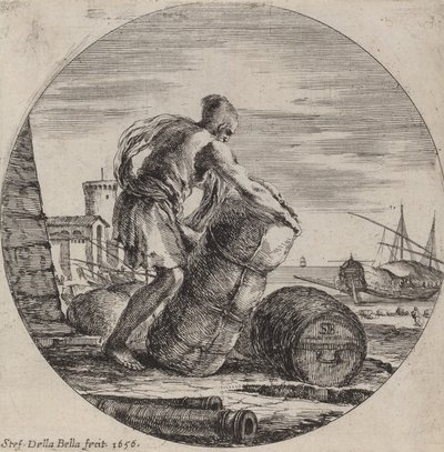 Galeislaaf die de lading van een schip sleept door Stefano della Bella