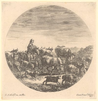 Herderin te paard met een kudde koeien en schapen, blad 5 uit de serie „Zes dierenmotieven in ronde voorstelling“ door Stefano della Bella