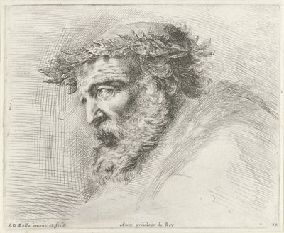 Hoofd van een oude man met baard en laurierkrans, in profiel naar links door Stefano della Bella