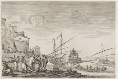 Uitzichten op de haven van Livorno: Huizen met uitzicht op een haven door Stefano della Bella
