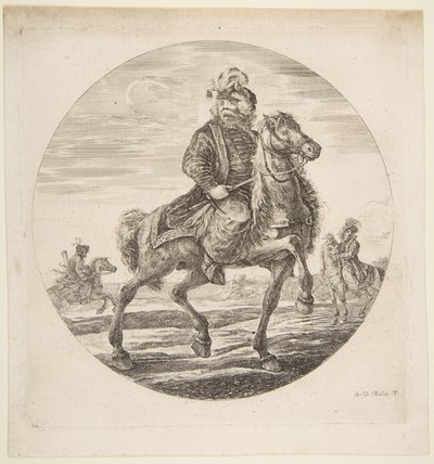 Hongaarse ruiter rijdt naar rechts, andere ruiters op de achtergrond, een circu..., ca. 1651 door Stefano della Bella