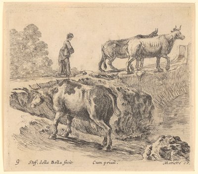 Koe gaat een heuvel op, op de achtergrond betreedt een boerin met twee koeien een brug door Stefano della Bella