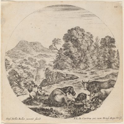 Landschap met Dieren en Twee Zittende Herders, 1646 door Stefano della Bella