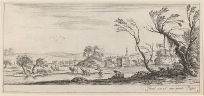 Landschap met boer die zich voorbereidt om een stroom over te steken, in of voor 1647 door Stefano della Bella