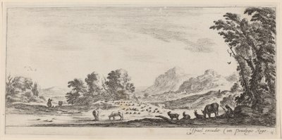 Landschap met herder die zijn kudde bewaakt door Stefano della Bella