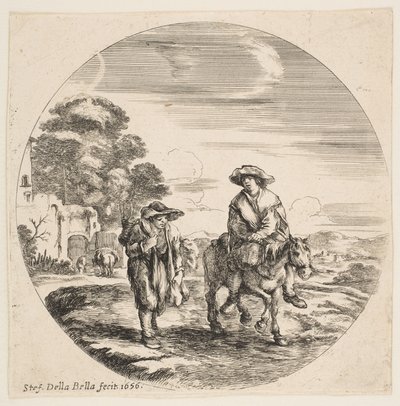Landschap met twee boeren, een te paard, uit Landschappen en havens Paysages ..., 1656 door Stefano della Bella