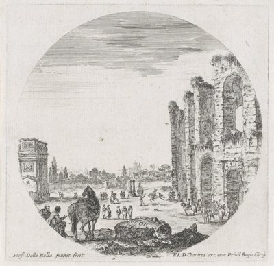 Landschap met het Colosseum en de Boog van Constantijn (Landschappen en ruïnes te Rome) door Stefano della Bella