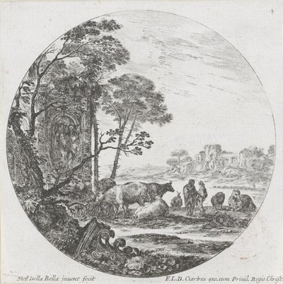 Landschap met kudde en Korinthisch kapiteel door Stefano della Bella