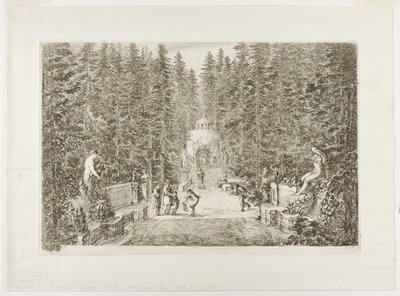 Waterstralen die uit de grond komen, vanuit de villa in Pratolino door Stefano della Bella