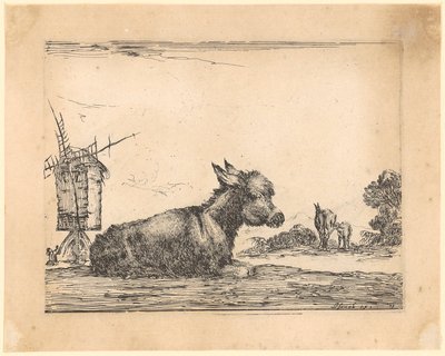 Een liggende ezel bij een windmolen door Stefano della Bella