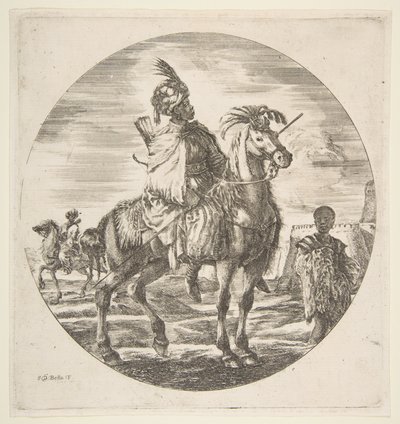 Moorse Ruiter in Profiel naar Rechts, een Zwarte Slaaf die een Bont vasthoudt door Stefano della Bella