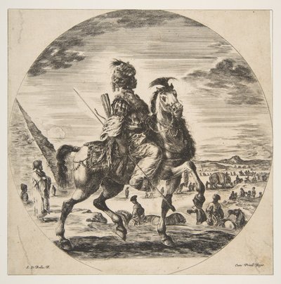 Moorse ruiter in profiel naar rechts, op de achtergrond een piramide links, veel figuren door Stefano della Bella