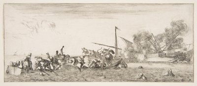 Zeeslag, een roeiboot gevuld met mensen die vechten met musketten naar links, mensen verdrinken..., ca. 1641 door Stefano della Bella