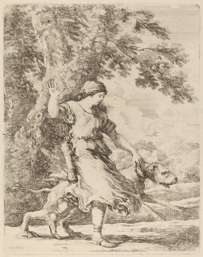Nimf die een grote hond aan een halsband houdt door Stefano della Bella