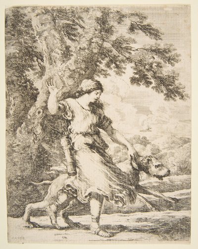 Nimf die een grote hond bij de halsband houdt, ca. 1654 door Stefano della Bella