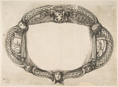 Ornamentontwerp voor een scriptie over het apparaat: Quest un soccorso door Stefano della Bella