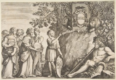 Ornamentontwerp voor een scriptie, het Strozzi-wapen bovenaan door Stefano della Bella