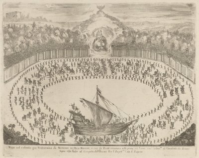 Parade met een wagen in de vorm van een schip door Stefano della Bella