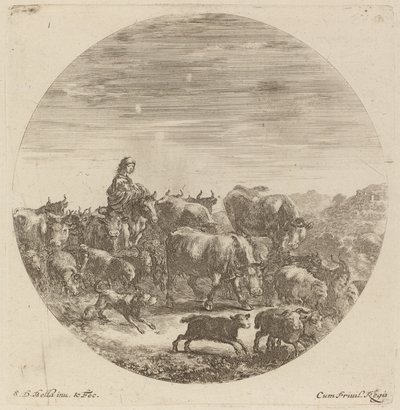 Boer zittend op een paard met koeien, schapen en geiten door Stefano della Bella