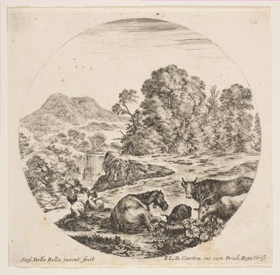 Plaat 10: een paard dat in het midden ligt, een koe en twee geiten rechts, twee zittende herders..., ca. 1646 door Stefano della Bella