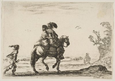 Plaat 10: een ruiter en een vrouw, van achteren gezien, rijdend naar rechts met een jong..., 1642 door Stefano della Bella