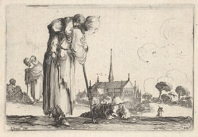 Plaat 10: een boerin naar rechts gekeerd met een kind op haar rug, een jongen liggend... door Stefano della Bella
