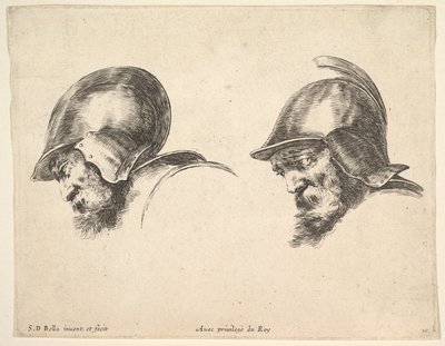 Plaat 10: twee hoofden van oude soldaten met helmen, beide naar links kijkend door Stefano della Bella