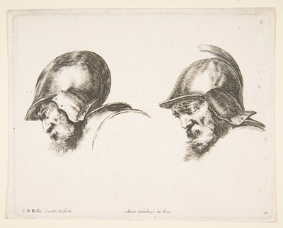 Plaat 10: twee hoofden van oude soldaten met helmen, beide naar links kijkend en naar beneden..., ca. 1641 door Stefano della Bella