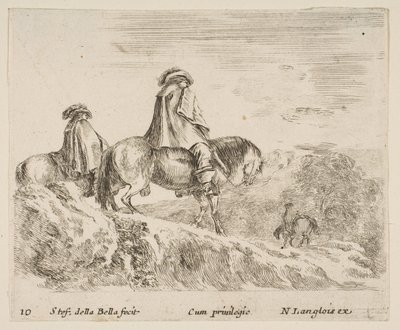 Plaat 10: twee ruiters dalen een berg af links, een andere ruiter rechts... door Stefano della Bella