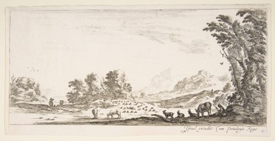 Plaat 11: herderin zittend naar rechts onder een boom, kijkend naar haar kudde naar links, ca. 1641 door Stefano della Bella