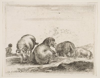 Plaat 12: schapen en ram in een weiland, uit Diverse dieren Diversi animali, ca. 1641 door Stefano della Bella