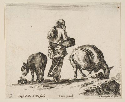 Boerin, gezien van achteren, met een mand in het midden, een ezel..., ca. 1644-47 door Stefano della Bella