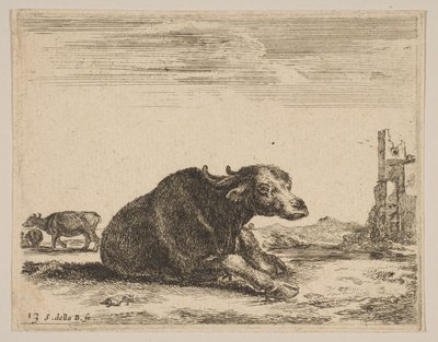 Plaat 13: buffel liggend, uit Diverse dieren Diversi animali, ca. 1641 door Stefano della Bella