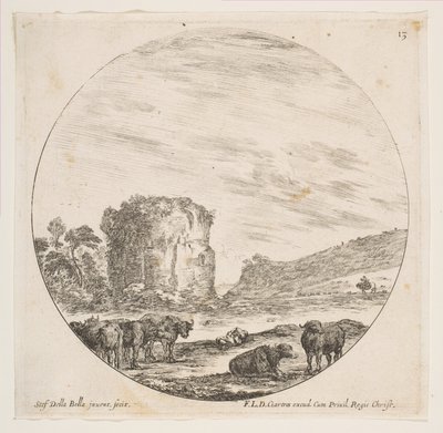 Plaat 13: ruïnes van een tempel in een Romeins landschap, uit Romeinse landschappen en ruïnes, ca. 1646 door Stefano della Bella