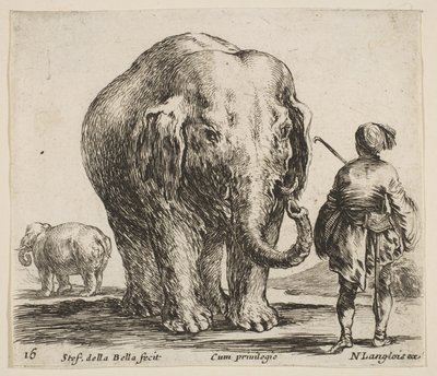 Plaat 16: een olifant in het midden, zijn mahout staat rechts met een Oosters hoofddeksel, ca. 1644-47 door Stefano della Bella